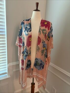 Woven Heart Blush Floral Kimono Cover-Up with Blue & Magenta Blooms | one size